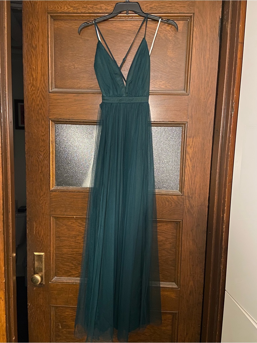 Lulu's Dark Teal Deep V Tulle Gown - Picture 2 of 4